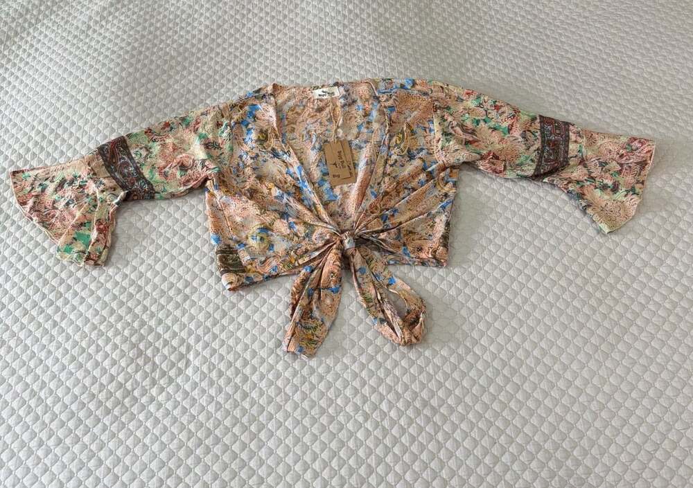 Bigg Bull Multicolored Floral Paisley Wrap Tie Crop Top with Bell Sleeves